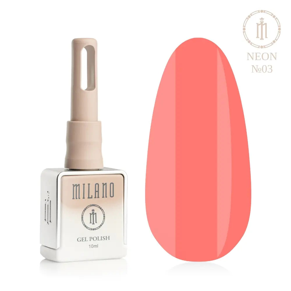 Представяне на гел лак Milano Gel Polish Neon Premium No. 03: отляво е брандираната квадратна бутилка с обем 10 мл в нежен нюд градиентен дизайн с кръгло лого, а отдясно е голям овален макет на върха, който демонстрира сочен неонов прасковено-коралов или ярък топъл сьомга нюанс, на чисто бял фон.