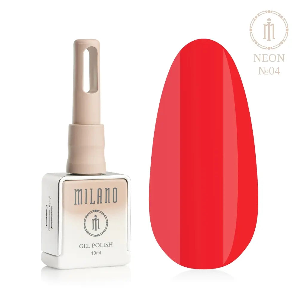 Представяне на гел лак Milano Gel Polish Neon Premium No. 04: отляво е брандираният квадратен флакон от 10 мл в нежен нюд градиентен дизайн с кръгло лого, а отдясно е голям овален макет на върха, който демонстрира огнено неоновочервен или огнено електрическочервен нюанс на покритието, върху чисто бял фон.