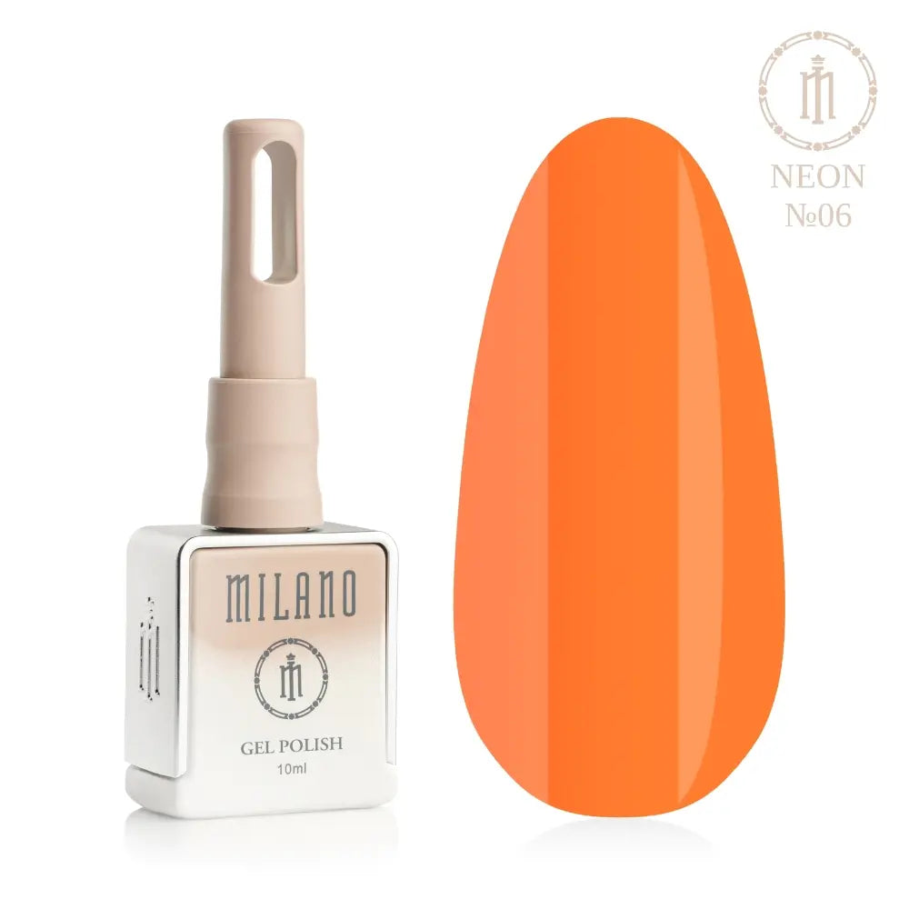 Представяне на гел лак Milano Gel Polish Neon Premium No. 06: отляво е брандираната квадратна бутилка с обем 10 мл в нежен нюд градиентен дизайн с кръгло лого, а отдясно е голям овален макет на върха, който демонстрира дълбок и плътен неоново оранжево-мандаринов или богат огнено-цитрусов нюанс, на чисто бял фон.