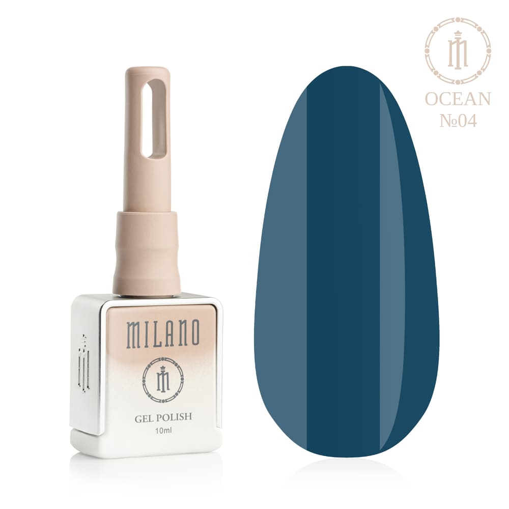„Презентация на Milano Gel Polish Ocean Premium #04: отляво е характерна квадратна бутилка от 10 ml в мек гол градиентен дизайн с кръгло лого, а отдясно е голям овален макет на върха, показващ благородно океанско синьо, дълбоко класическо море или свеж безкраен океански цвят, на чисто бял фон“