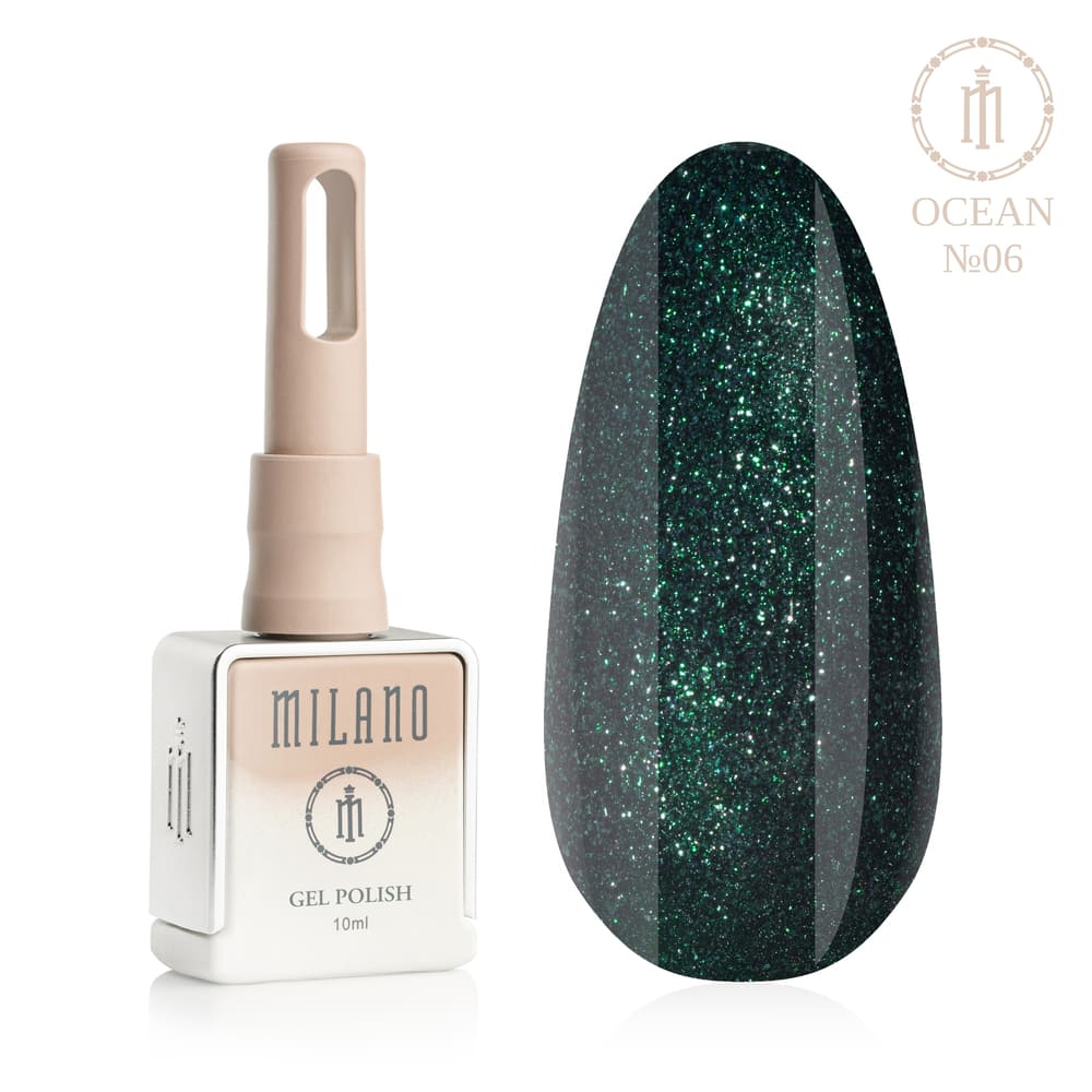 „Представяне на гел лак Milano Gel Polish Ocean Premium № 06: лявата ръка изобразява маркова квадратна бутилка с обем 10 ml в мека нюд градиентна бутилка с кръгло лого, а дясната ръка изобразява голям овален макет на връх, който демонстрира мистериозната тъмна океанска дълбочина, плътна синя повърхност или дълбок сапфирено-морски цвят, покрит върху чисто бяла листна въшка“