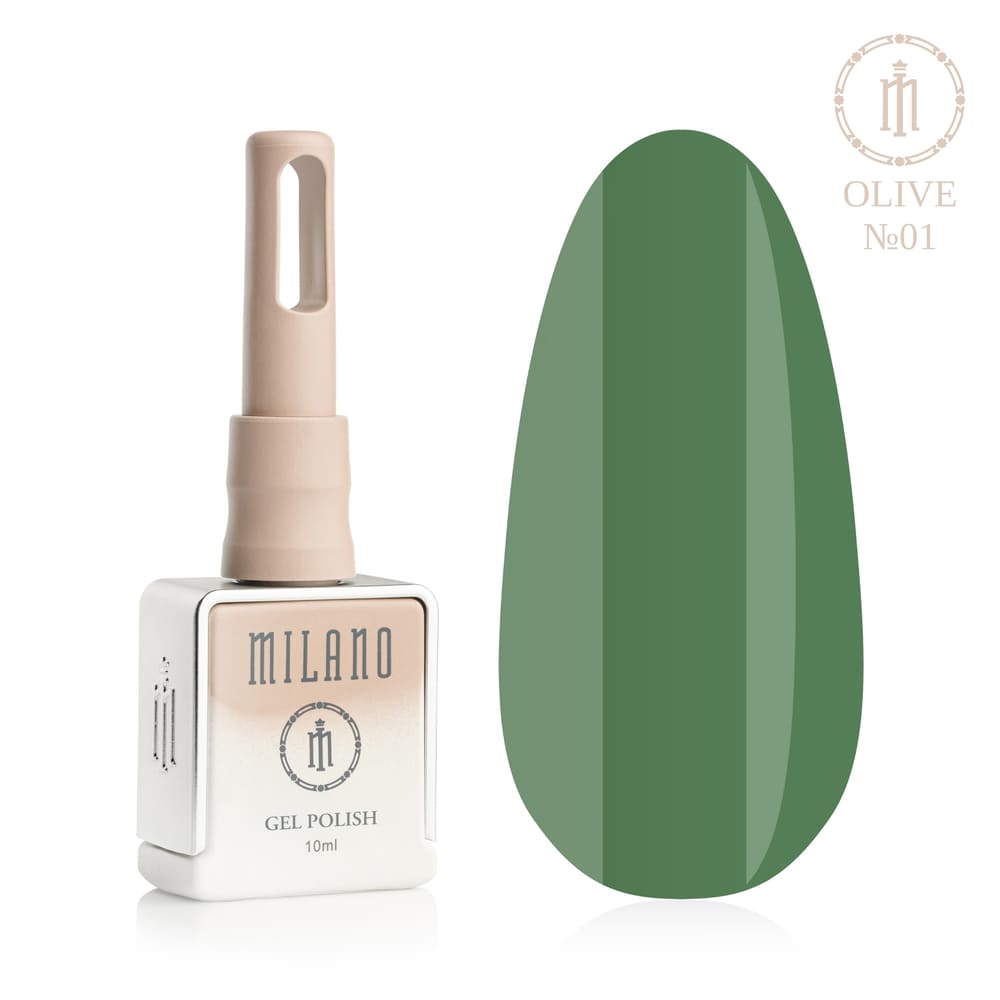 „Представяне на Milano Gel Polish Olive Premium #01: отляво е характерна квадратна бутилка от 10 ml в мек гол градиентен дизайн с кръгло лого, а отдясно е голям овален макет на върха, който демонстрира свеж тревисто-маслинен, наситен естествен зелен или фин цвят на млада маслина, върху чисто бял фон“