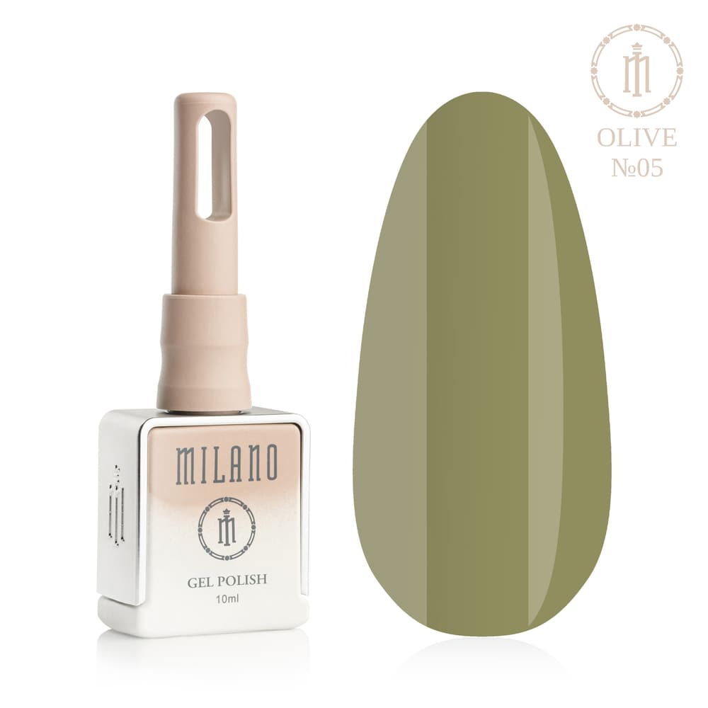 „Представяне на Milano Gel Polish Olive Premium #05: отляво е знаковата квадратна бутилка от 10 ml в мек гол градиентен дизайн с кръгло лого, а отдясно е голям овален макет на върха, показващ лек топъл цвят на маслина, мека горчица или мек пастелен цвят на шам-фъстък на чисто бял фон“