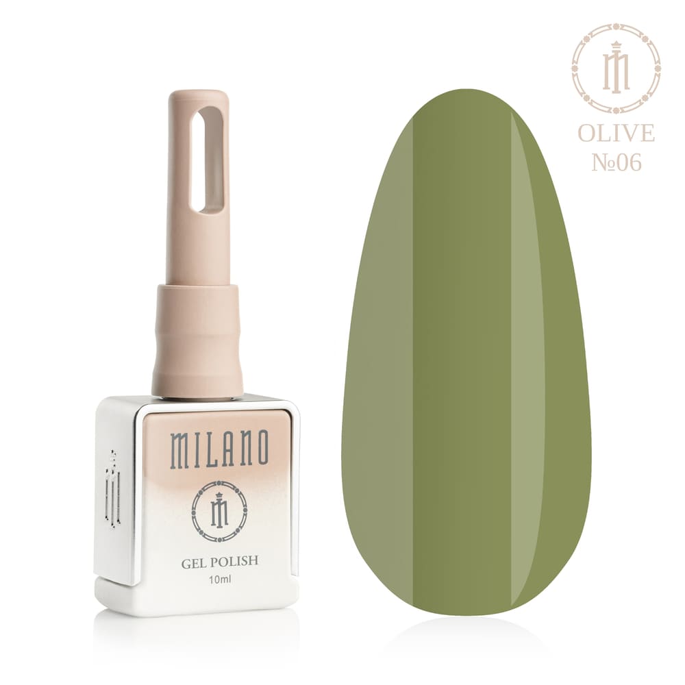 „Представянето на Milano Gel Polish Olive Premium #06: отляво е подписаната квадратна бутилка от 10 ml в мек нюд градиентен дизайн с кръгло лого, а отдясно е голям овален макет на върха, който показва класическия цвят на зрели маслини, благороден топъл каки или хармоничен естествен маслиненозелен нюанс, на чисто бял фон“