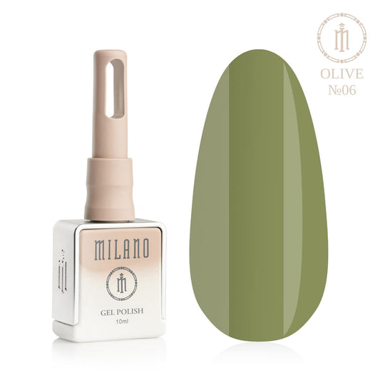 „Представянето на Milano Gel Polish Olive Premium #06: отляво е подписаната квадратна бутилка от 10 ml в мек нюд градиентен дизайн с кръгло лого, а отдясно е голям овален макет на върха, който показва класическия цвят на зрели маслини, благороден топъл каки или хармоничен естествен маслиненозелен нюанс, на чисто бял фон“