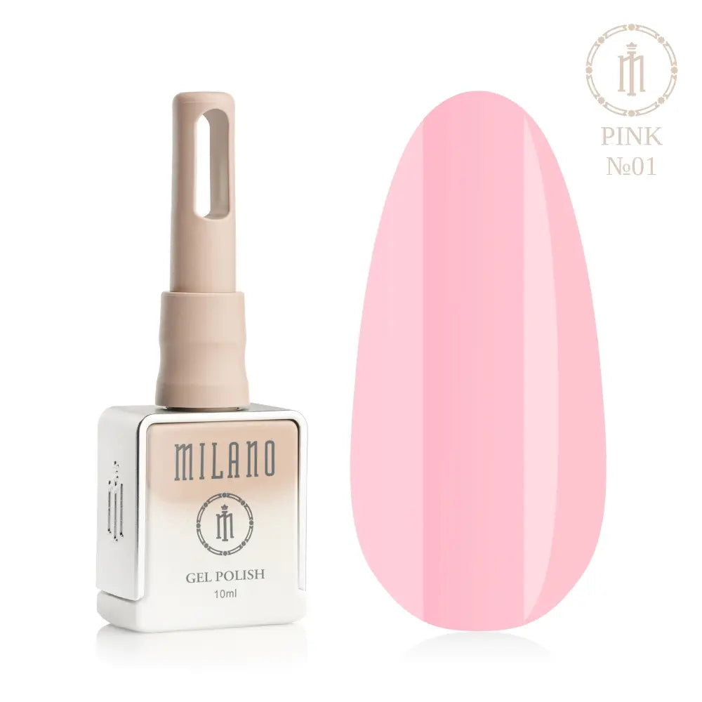 Представяне на гел лак Milano Gel Polish Pink Premium No. 01: отляво е брандираната квадратна бутилка с обем 10 мл в мек нюд градиентен дизайн с кръгло лого, а отдясно е голям овален макет на върха, който демонстрира класическия нежно розов, кукленски или бонбонен нюанс на покритието, върху чисто бял фон.