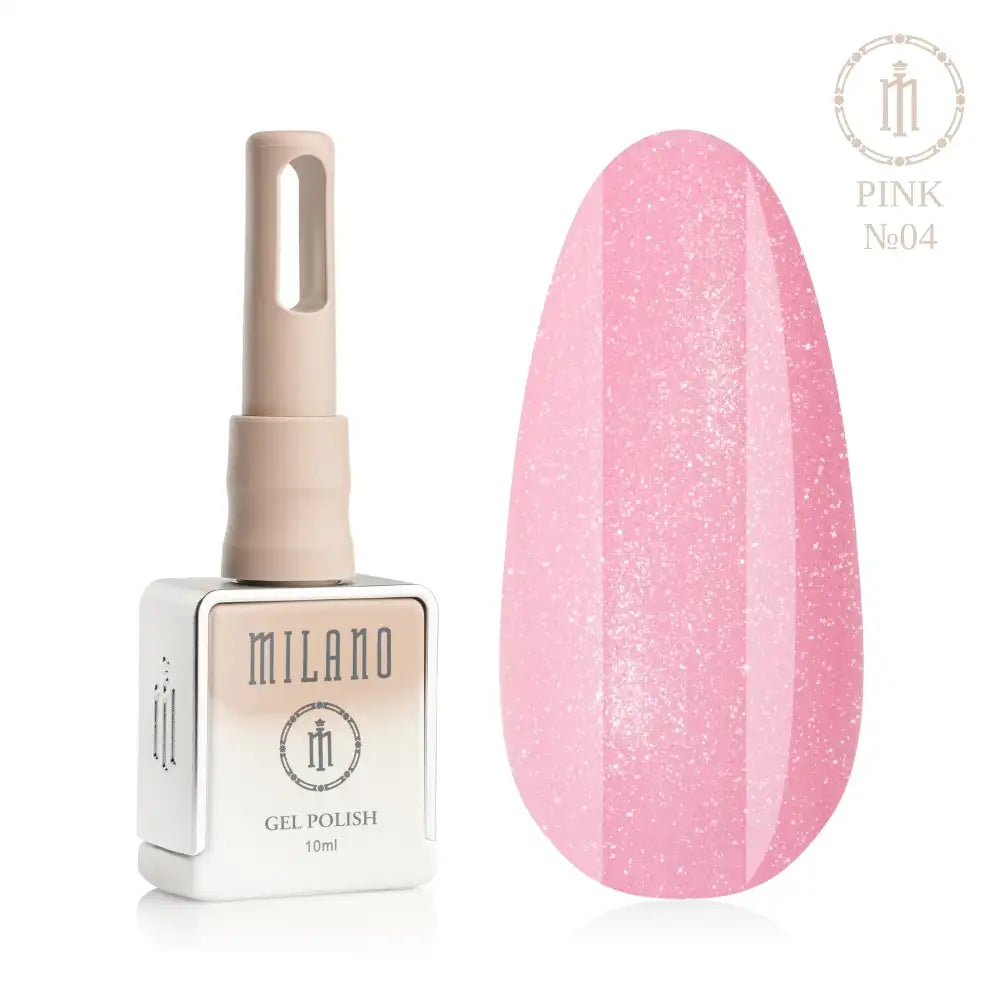 Представяне на гел лак Milano Gel Polish Pink Premium No. 04: отляво е брандираният квадратен флакон от 10 мл в нежен нюд градиентен дизайн с кръгло лого, а отдясно е голям овален макет на върха, който демонстрира сияен розов нюанс, плътно наситен с фин сребърен блясък и деликатен микроблясък, върху чисто бял фон.