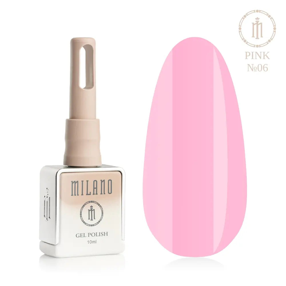 Представяне на гел лак Milano Gel Polish Pink Premium No. 06: отляво е брандираната квадратна бутилка с обем 10 мл в нежен нюд градиентен дизайн с кръгло лого, а отдясно е голям овален макет на върха, който демонстрира романтичен хладен розов или пастелен лилаво-розов нюанс с ефирен подтон, върху чисто бял фон.