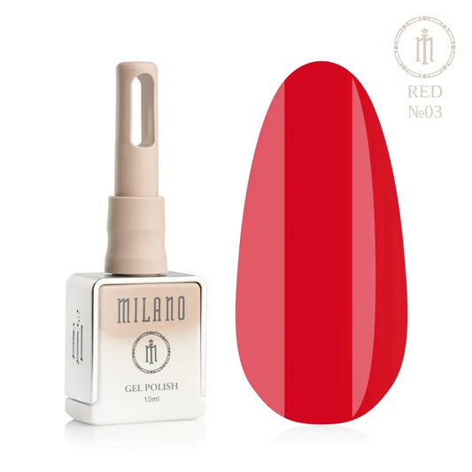 Представяне на гел лак Milano Gel Polish Red Premium No. 03: отляво е брандираната квадратна бутилка с обем 10 мл в нежен нюд градиентен дизайн с кръгло лого, а отдясно е голям овален макет на върха, който демонстрира класически огненочервен, ярък мак или чисто червен нюанс, на чисто бял фон.