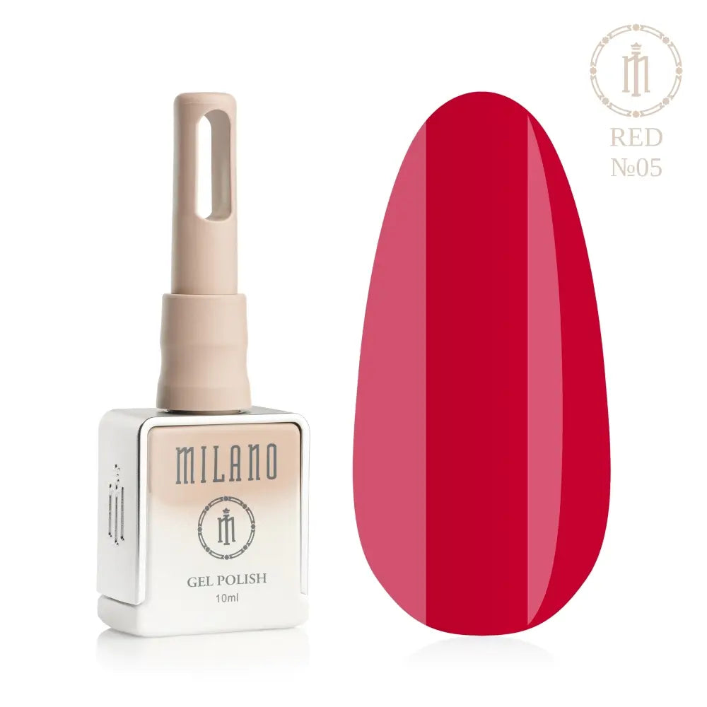 Представяне на гел лак Milano Gel Polish Red Premium No. 05: отляво е брандираната квадратна бутилка с обем 10 мл в нежен нюд градиентен дизайн с кръгло лого, а отдясно е голям овален макет на върха, който демонстрира благородна тъмна череша, зряла червена боровинка или наситен тъмночервен нюанс, на чисто бял фон.