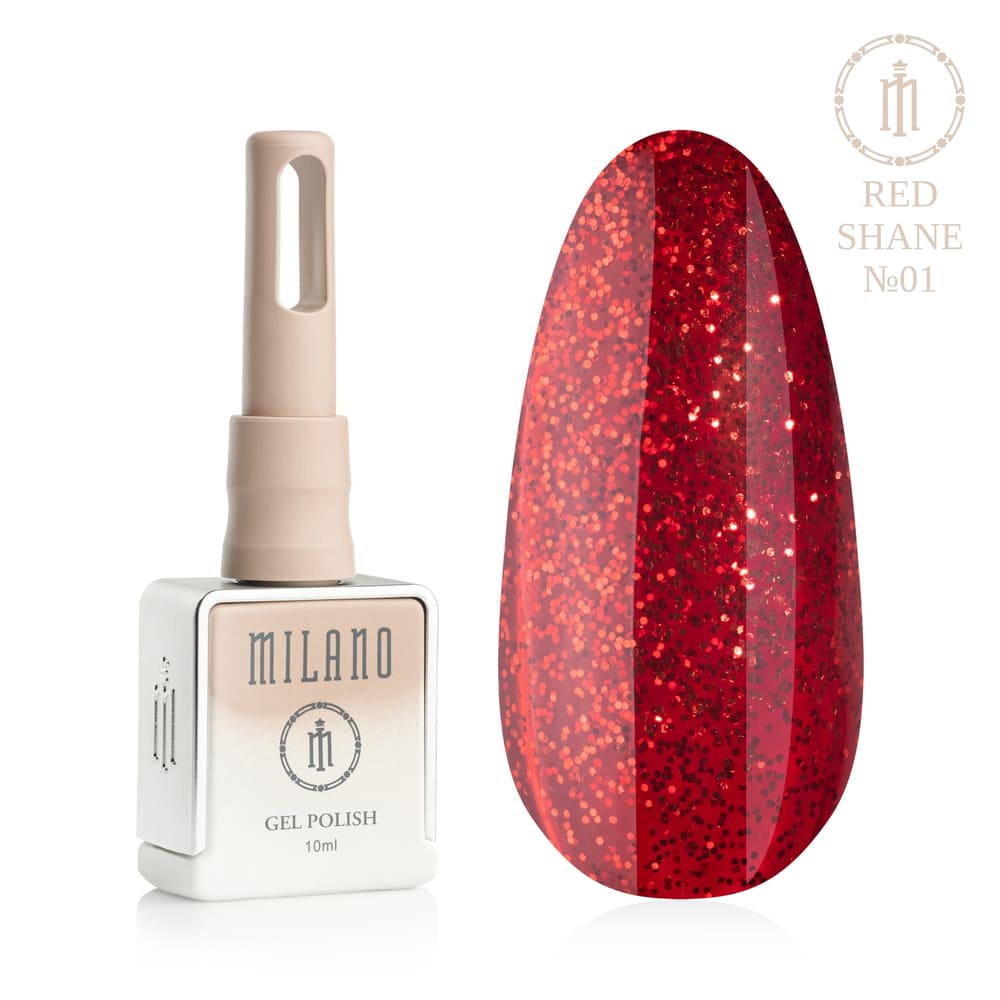 „Представяне на Milano Gel Polish Red Shane Premium #01: отляво е характерна квадратна бутилка от 10 ml в мек гол градиентен дизайн с кръгло лого, а отдясно е голям овален макет на върха, който показва яркочервен, огнен или класически червен нюанс, плътно наситен с фин искрящ блясък, на чисто бял фон“