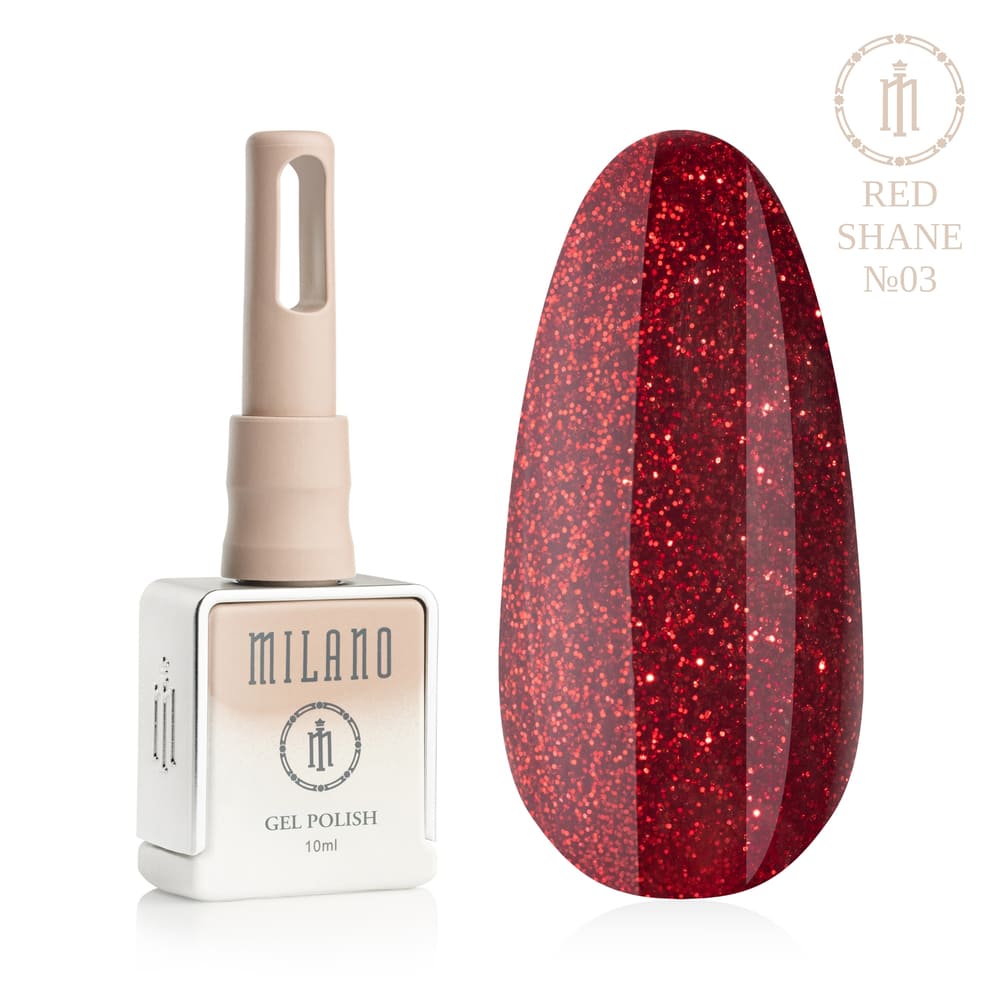 „Представяне на Milano Gel Polish Red Shane Premium #03: отляво е подписана квадратна бутилка от 10 ml в мек гол градиентен дизайн с кръгло лого, а отдясно е голям овален макет на върха, показващ луксозен рубинен, наситено пурпурен или празничен червен нюанс с ясно изразен диамантен микроблясък, на чисто бял фон“