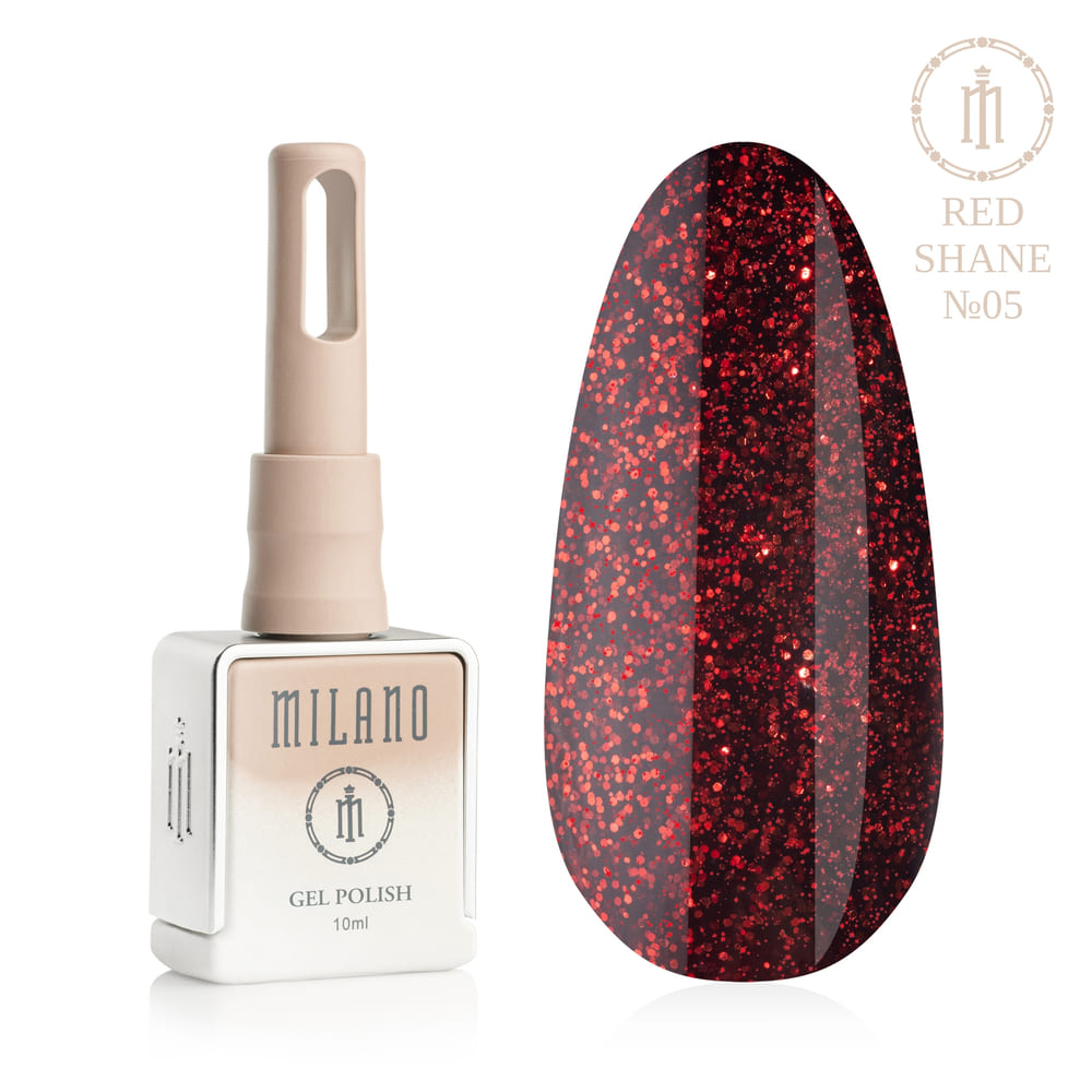 „Представянето на Milano Gel Polish Red Shane Premium #05: отляво е знаковата квадратна бутилка от 10 ml в мек гол градиентен дизайн с кръгло лого, а отдясно е голям овален макет на върха, показващ мистериозен кестеняв цвят, наситено вино или цвят на зряла череша с огненочервени искри от вътрешен микроблясък, на чисто бял фон“