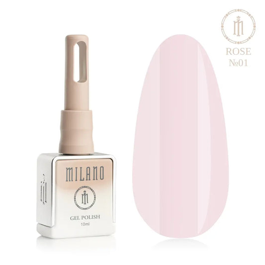 Представяне на гел лак Milano Gel Polish Rose Premium No. 01: отляво е брандираната квадратна бутилка с обем 10 мл в нежен нюд градиентен дизайн с кръгло лого, а отдясно е голям овален макет на върха, който демонстрира ефирен млечно розов, ултра деликатен маршмелоу или светло розов пастелен нюанс, на чисто бял фон.