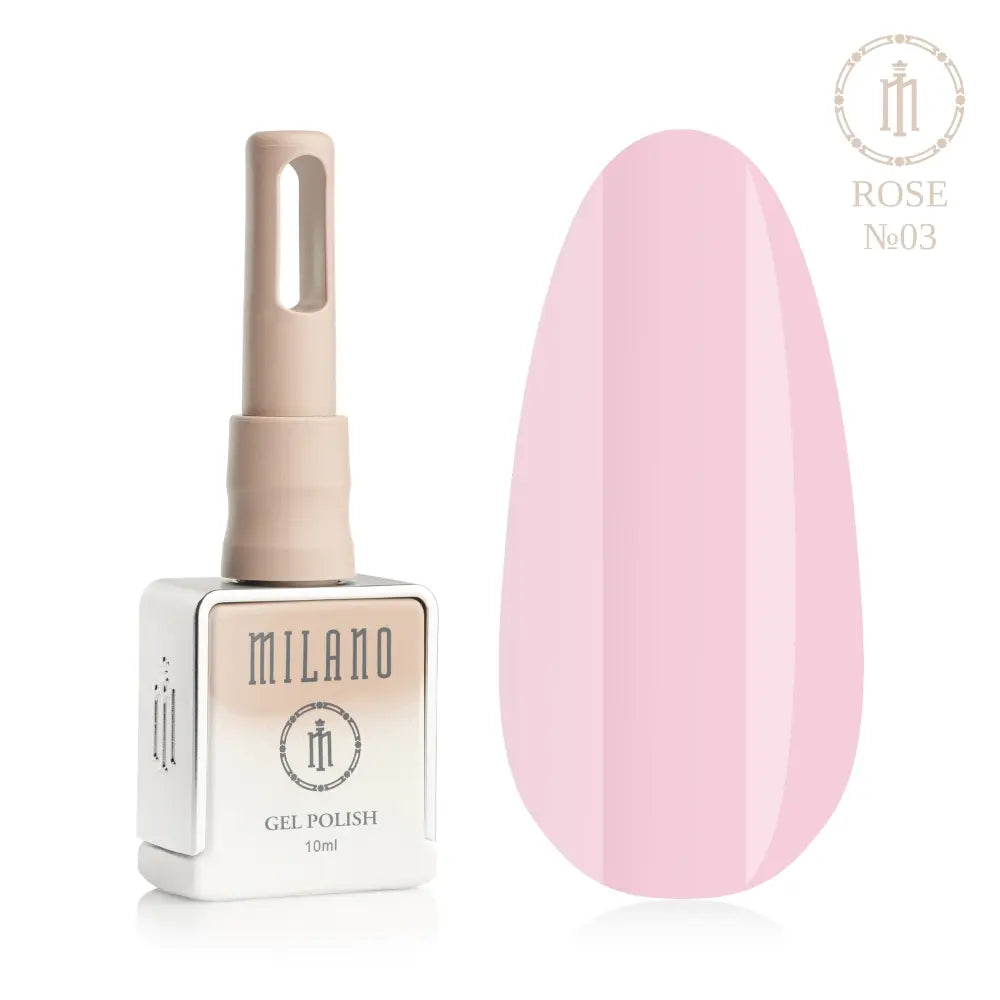 Представяне на гел лак Milano Gel Polish Rose Premium No. 03: отляво е брандираната квадратна бутилка с обем 10 мл в нежен нюд градиентен дизайн с кръгло лого, а отдясно е голям овален макет на върха, който демонстрира романтичен светлорозов, нежен пастелен или класически кукленорозов нюанс на покритието, върху чисто бял фон.