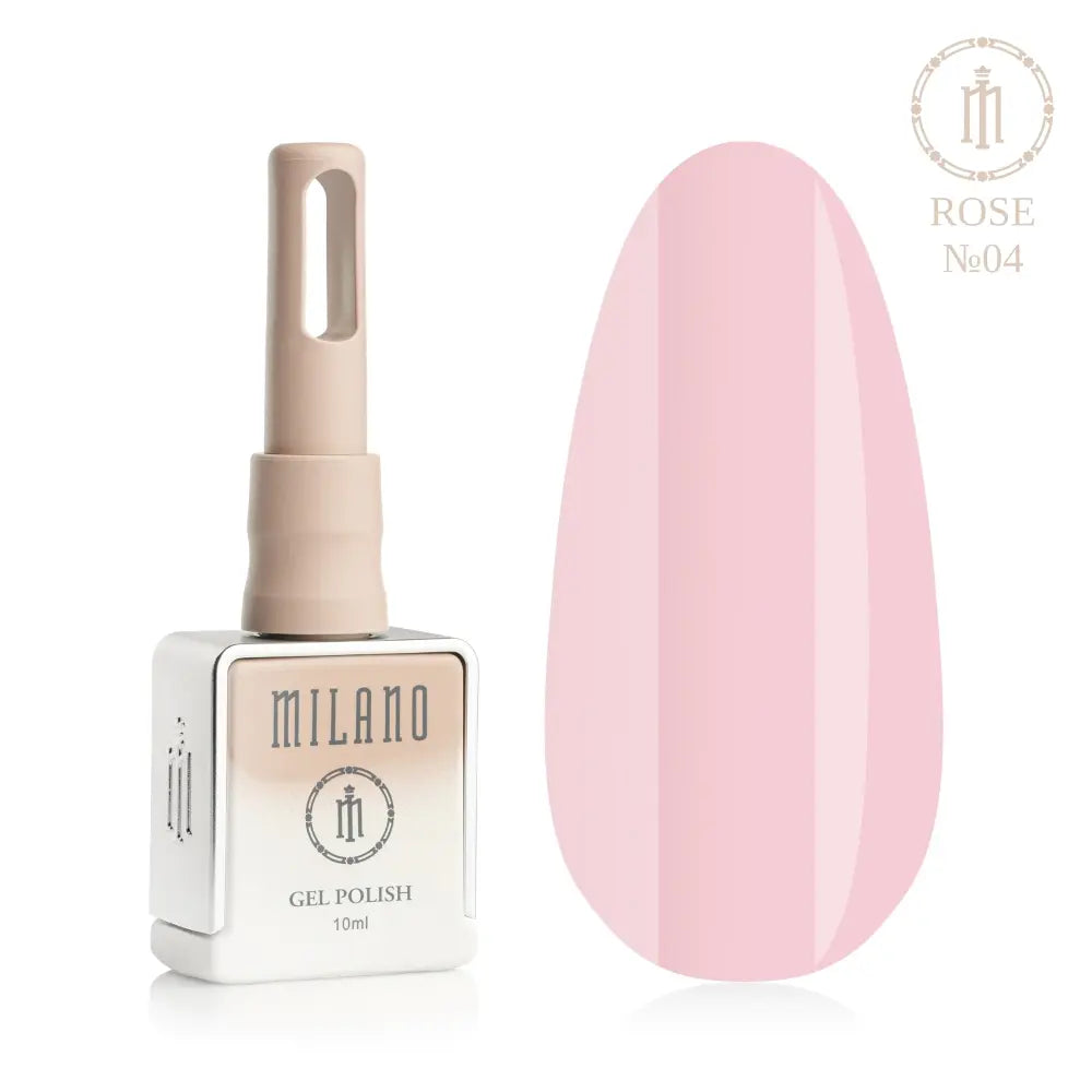 Представяне на гел лак Milano Gel Polish Rose Premium No. 04: отляво е брандираната квадратна бутилка с обем 10 мл в нежен нюд градиентен дизайн с кръгло лого, а отдясно е голям овален макет на върха, който демонстрира нежен карамелено розов, топъл пастелен или деликатен бонбонен нюанс, на чисто бял фон.