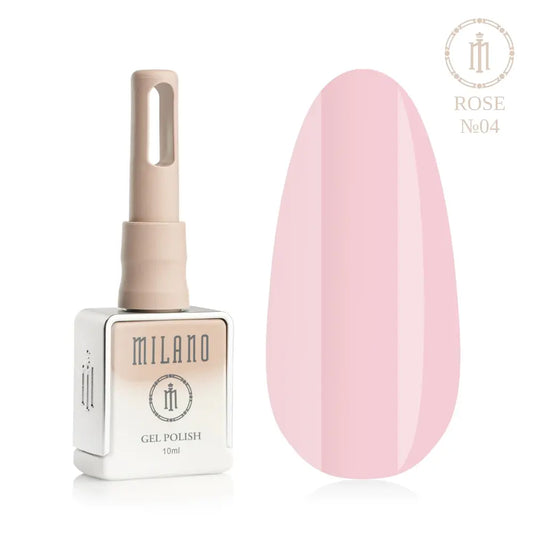 Представяне на гел лак Milano Gel Polish Rose Premium No. 04: отляво е брандираната квадратна бутилка с обем 10 мл в нежен нюд градиентен дизайн с кръгло лого, а отдясно е голям овален макет на върха, който демонстрира нежен карамелено розов, топъл пастелен или деликатен бонбонен нюанс, на чисто бял фон.