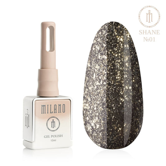 „Представяне на Milano Gel Polish Shane Premium #01: отляво е знаковата квадратна бутилка от 10 ml в мек нюд градиентен дизайн, а отдясно е голям овален макет на върха, който показва наситен тъмен нюанс, наситен със сребристо-златисти люспи от метално фолио (топящ се ефект) с отчетливо искрящо лъскаво отражение, върху чист бял фон“
