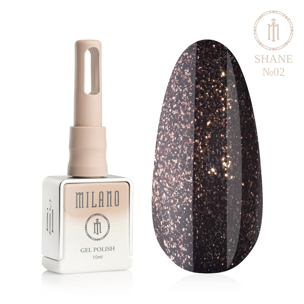 „Представяне на Milano Gel Polish Shane Premium #02: отляво е знаковата квадратна бутилка от 10 ml в мек гол градиент, а отдясно е голям овален макет на върха, който показва наситен шоколадовокафяв нюанс, изпълнен с медни и бронзови люспи с луксозен вътрешен блясък, на чисто бял фон“