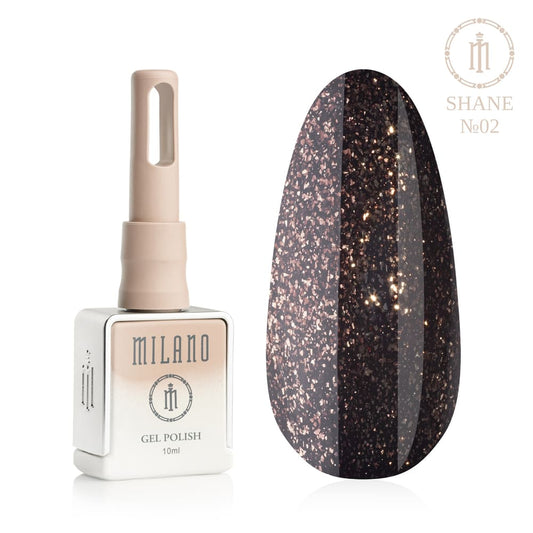 „Представяне на Milano Gel Polish Shane Premium #02: отляво е знаковата квадратна бутилка от 10 ml в мек гол градиент, а отдясно е голям овален макет на върха, който показва наситен шоколадовокафяв нюанс, изпълнен с медни и бронзови люспи с луксозен вътрешен блясък, на чисто бял фон“