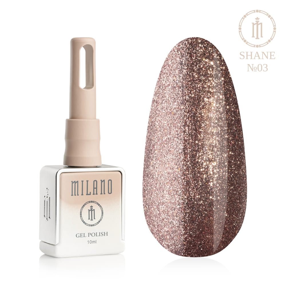 „Представяне на Milano Gel Polish Shane Premium #03: отляво е знаковата квадратна бутилка от 10 ml в мек гол градиентен дизайн, а отдясно е голям овален макет на върха, който показва изискан нюанс на розово злато или лек мек бронз, направен от плътен фин микроблясък с ефект на диамантен блясък, върху чисто бял фон“