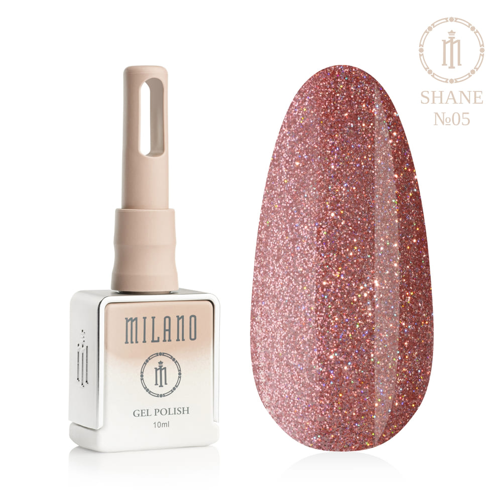 „Представянето на Milano Gel Polish Shane Premium #05: отляво е характерната квадратна бутилка от 10 ml в мек нюд градиент, а отдясно е голям овален макет на връх, който показва топъл прашен розов цвят или мек коралов нюанс, наситен с ултра-фин холографски блясък с меки ирисцентни преливания, върху чисто бял фон“