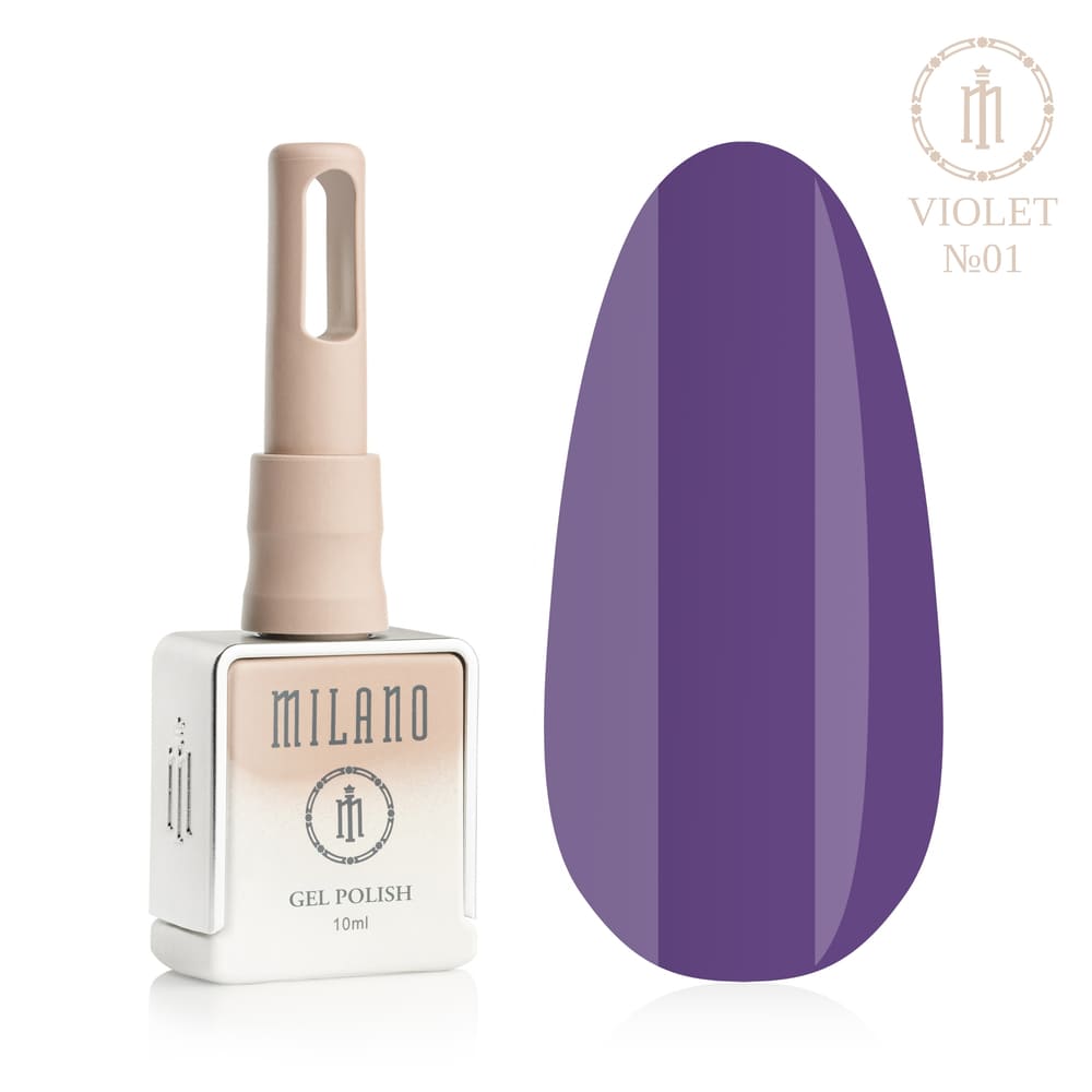 „Представянето на Milano Gel Polish Violet Premium #01: отляво е знаковата квадратна бутилка от 10 ml в мек гол градиентен дизайн, а отдясно е голям овален макет на върха, който показва богат, благороден емайлиран нюанс на виолетово-патладжан с безупречно лъскаво покритие, на чисто бял фон“