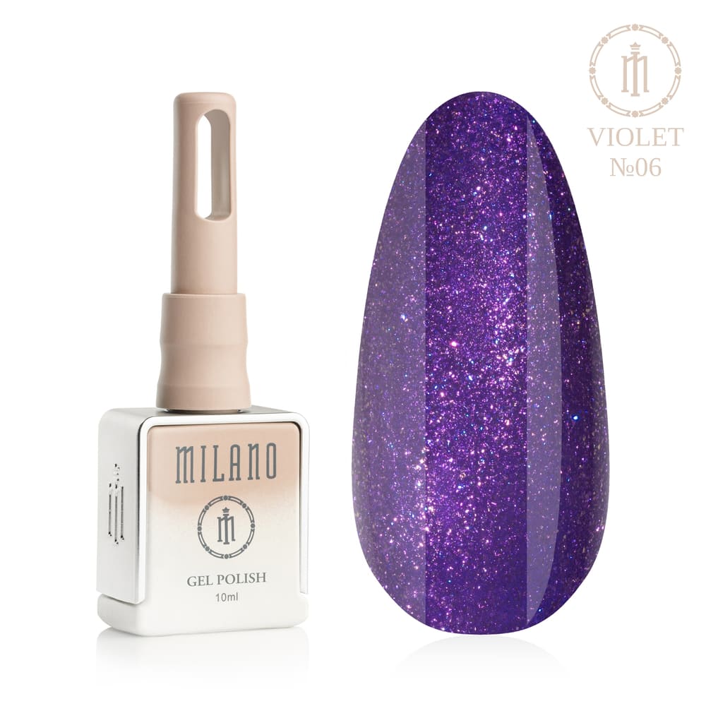 „Представяне на Milano Gel Polish Violet Premium #06: отляво е знаковата квадратна бутилка от 10 ml в мек нюд градиентен дизайн, а отдясно е голям овален макет на върха, който показва ослепителен магнетичен виолетов нюанс, плътно наситен с фин многоцветен блясък и блясък с искрящ звезден ефект, върху чисто бял фон“