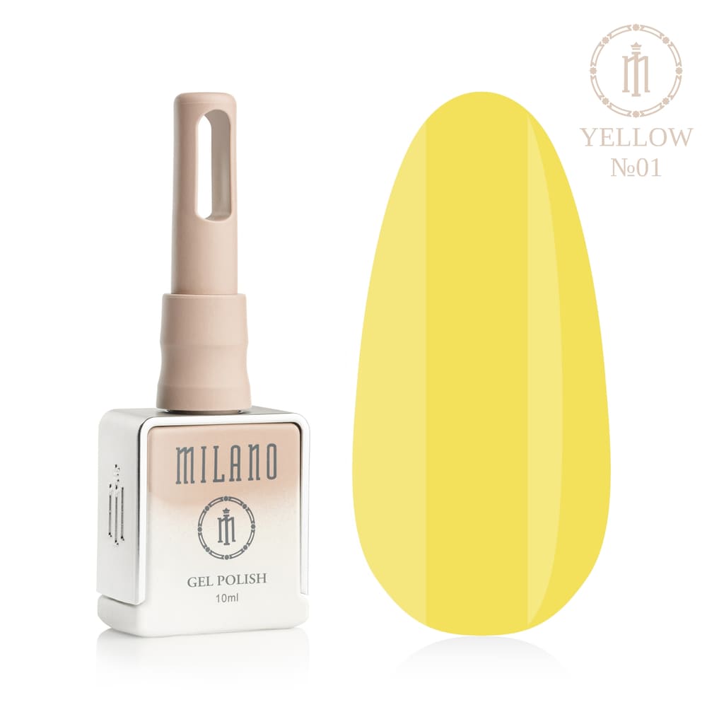 „Представяне на Milano Gel Polish Yellow Premium #01: Отляво е знаковата квадратна бутилка от 10 ml в фин гол градиент, а отдясно е голям овален макет на връх, който демонстрира чист и ярък слънчево жълт нюанс на емайла с безупречно лъскаво покритие, на чисто бял фон“
