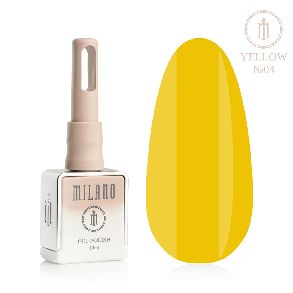 „Презентация на Milano Gel Polish Yellow Premium #04: отляво е знаковата квадратна бутилка от 10 ml в мек гол градиент, а отдясно е голям овален макет на върха, показващ топъл царевичножълт или наситен нюанс на шафранов емайл с безупречен лъскав блясък, на чисто бял фон“