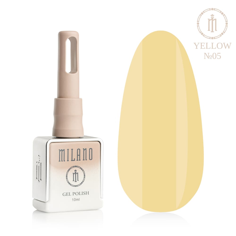 „Представяне на Milano Gel Polish Yellow Premium #05: отляво е подписаната квадратна бутилка от 10 ml в мек гол градиентен дизайн, а отдясно е голям овален макет на върха, показващ деликатен светложълт пастелен нюанс на ванилов крем с гладко лъскаво покритие, върху чисто бял фон“