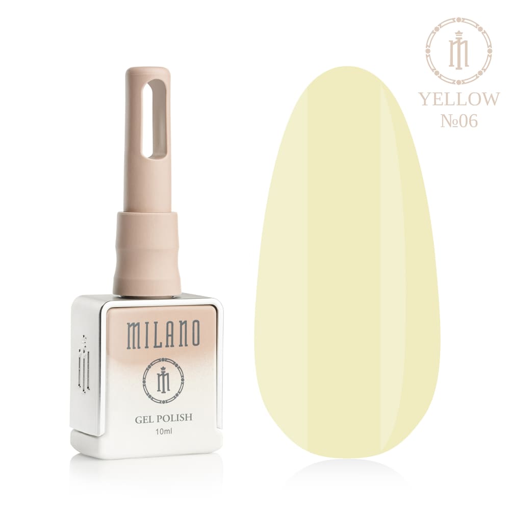 „Презентация на Milano Gel Polish Yellow Premium #06: отляво е подписаната квадратна бутилка от 10 ml в мек гол градиентен дизайн, а отдясно е голям овален макет на върха, показващ ултра-лек млечен лимон или мек ванилов пастелен емайлиран нюанс с фин лъскав блясък, на чисто бял фон“