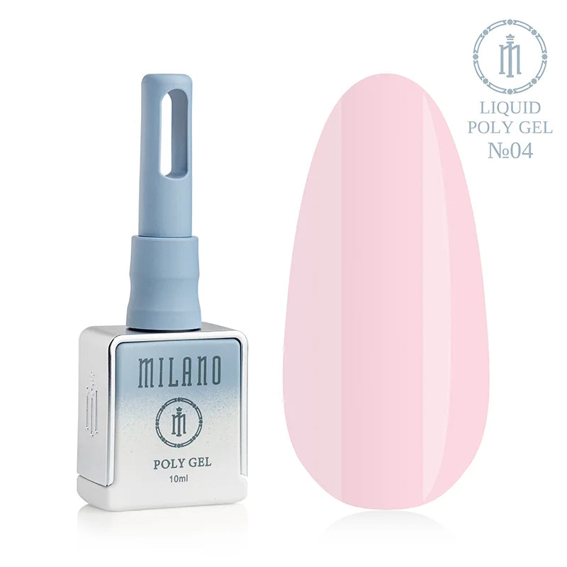 „Milano Liquid Poly Gel No. 04: черна бутилка от 15 мл и демонстрация на мек пастелно розов нюанс върху голяма палитра от капки, осигуряваща плътно камуфлажно покритие с елегантен хладен подтон.“