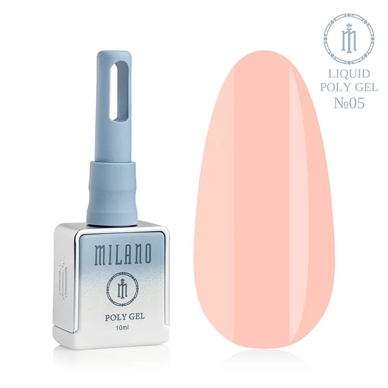 „Milano Liquid Poly Gel No. 05: черно шишенце от 15 мл и демонстрация на наситен бежово-кафяв нюанс (нюд) върху голяма палитра от капки, осигуряваща плътно камуфлажно покритие с топъл естествен тон.“