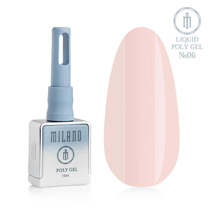 „Milano Liquid Poly Gel No. 06: черна бутилка от 15 мл и демонстрация на богат тъмнобежов нюанс с прасковен подтон върху голяма палитра от капки, осигуряваща плътно камуфлажно покритие за създаване на естествен маникюр.“