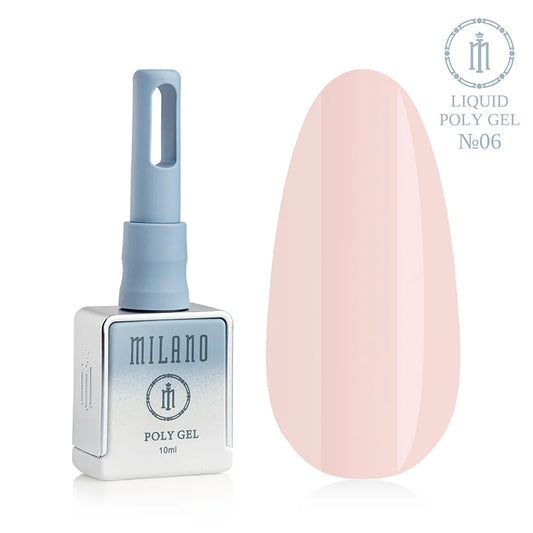„Milano Liquid Poly Gel No. 06: черна бутилка от 15 мл и демонстрация на богат тъмнобежов нюанс с прасковен подтон върху голяма палитра от капки, осигуряваща плътно камуфлажно покритие за създаване на естествен маникюр.“