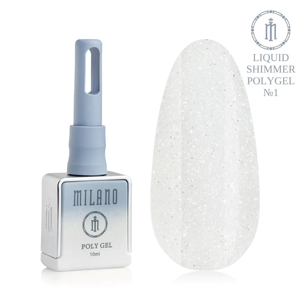 Представяне на Milano Liquid Shimmer Polygel No. 01: отляво е брандираният квадратен флакон от 10 мл в приглушен сиво-син градиентен дизайн, а отдясно е голям овален макет на върха, който демонстрира чист, деликатен полупрозрачен млечнобял нюанс с деликатен сребрист микроблясък, на чисто бял фон.