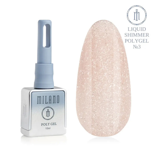 Представяне на Milano Liquid Shimmer Polygel No. 03: отляво е брандираният квадратен флакон от 10 мл в сиво-син градиентен дизайн, а отдясно е голям овален макет на върха, който демонстрира мек пастелен розово-бежов нюанс на базовия слой с деликатен сребрист блясък, върху чисто бял фон.