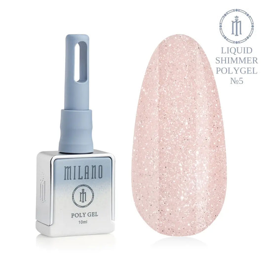 Представяне на Milano Liquid Shimmer Polygel No. 05: отляво е брандираната квадратна бутилка от 10 мл в сиво-син градиентен дизайн, а отдясно е голям овален макет на върха, който демонстрира полупрозрачен сребристо-бял нюанс, много гъсто изпълнен с лъскав искрящ блясък, на чисто бял фон.