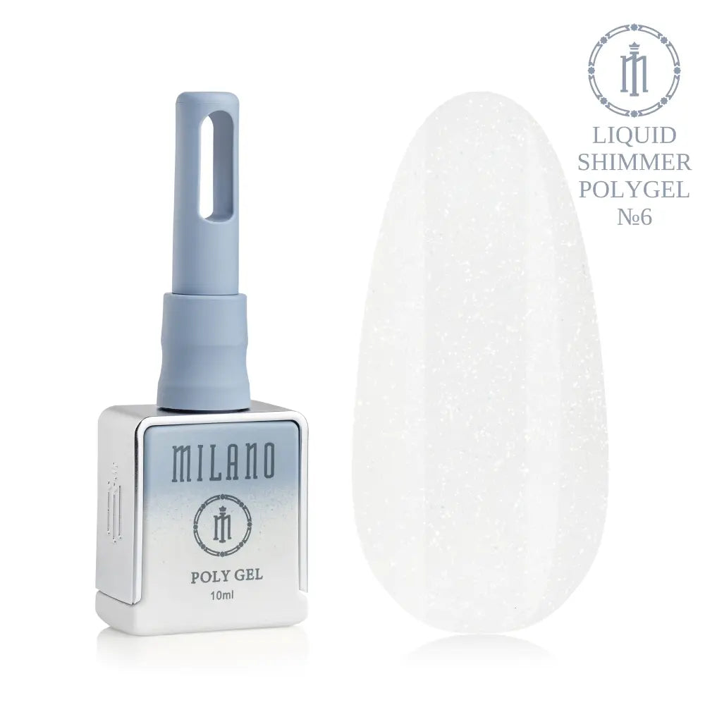 Представяне на Milano Liquid Shimmer Polygel No. 06: отляво е брандираният квадратен флакон от 10 мл в сиво-син градиентен дизайн, а отдясно е голям овален макет на върха, който демонстрира нежен пастелен нюанс с цвят на маршмелоу-розов, деликатно наситен с малки сребърни искрици, върху чисто бял фон.