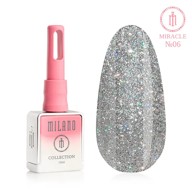 „Gel Polish Milano Miracle Collection No. 06: бяла бутилка от 10 мл с розов градиент и демонстрация на ярък чисто сребрист нюанс с плътен блестящ микро-блясък, който създава интензивен диамантен блясък върху голяма палитра от капки.“