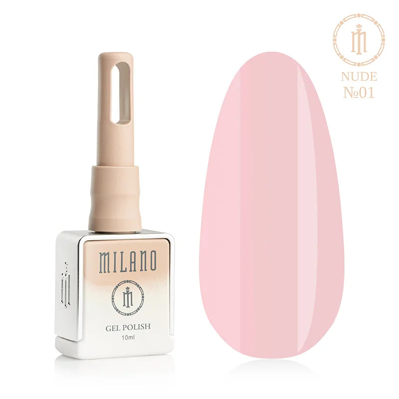 „Gel Polish Milano Nude No. 01: бутилка от 10 мл с елегантен бежов градиент и демонстрация на деликатен пастелно розов нюанс върху голяма палитра от капки, осигуряваща меко камуфлажно покритие за създаване на изискан естествен маникюр.“
