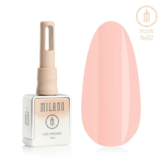 Гел лак Milano Nude № 02: бутилка от 10 мл с бежов градиент и демонстрация на елегантен прашнорозов нюанс върху голяма палитра от капки, създавайки плътно камуфлажно покритие с изтънчен хладен подтон.