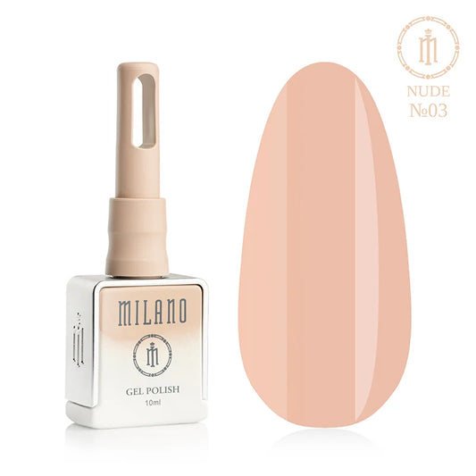 Гел лак Milano Nude № 03: бутилка от 10 мл с характерен бежов градиент и демонстрация на класически полупрозрачен розов нюанс върху голяма палитра от капки, създаваща ефекта на нежни и максимално естествени нокти.