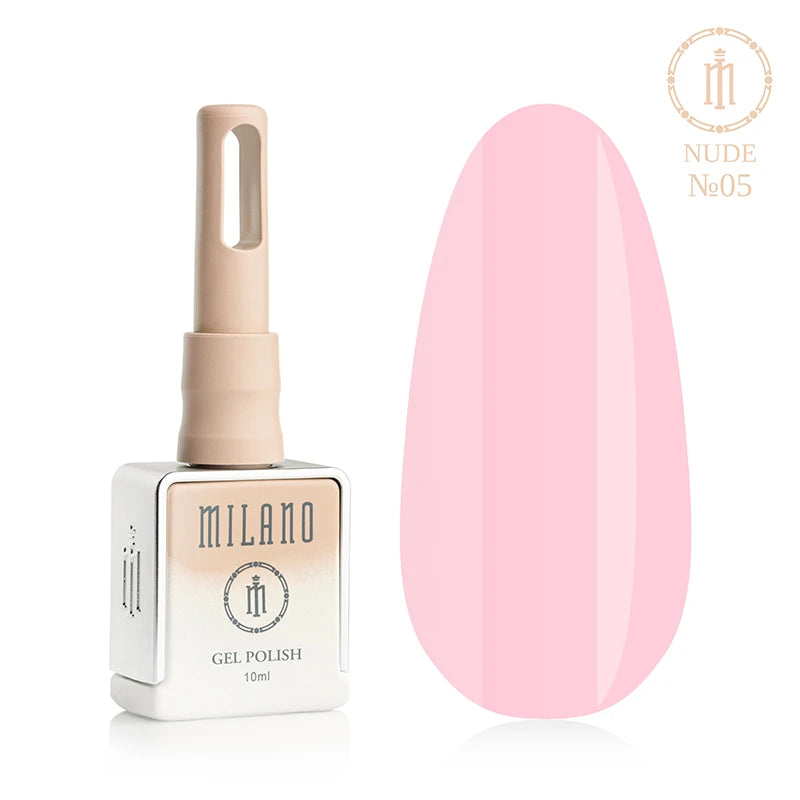 Гел лак Milano Nude Gel Polish Premium нюанс № 05 – наситен топъл тъмнобежов цвят с гланцов емайлов завършек и плътно покритие за маникюр