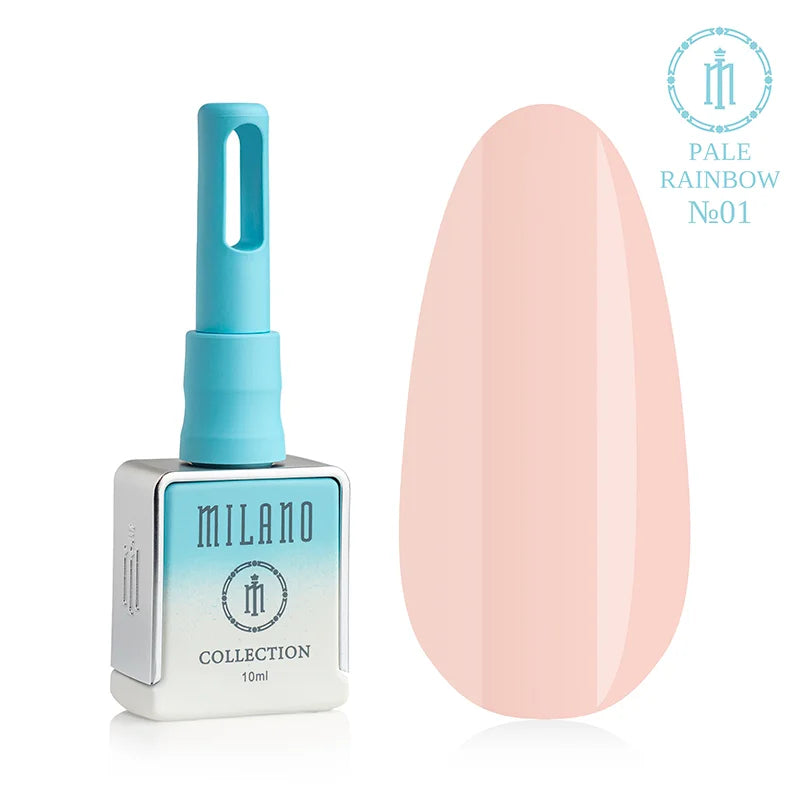„Gel Polish Milano Pale Rainbow Collection No. 01: бяла бутилка от 10 мл със син градиент и демонстрация на деликатен пастелен прасковен нюанс с гладка емайлова текстура и лъскав блясък върху голяма палитра от капки.“