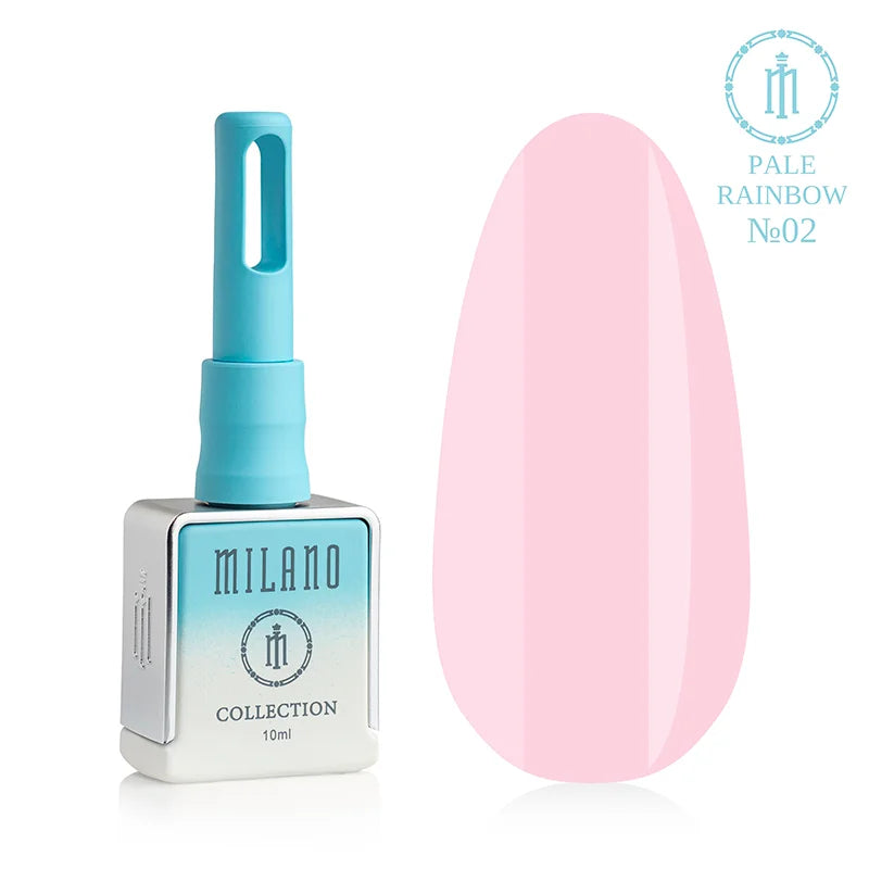 „Gel Polish Milano Pale Rainbow Collection No. 02: бяла бутилка от 10 мл със син градиент и демонстрация на деликатен светлорозов (маршмелоу) нюанс с плътна емайлова текстура и гланцово покритие върху голяма палитра от капки.“