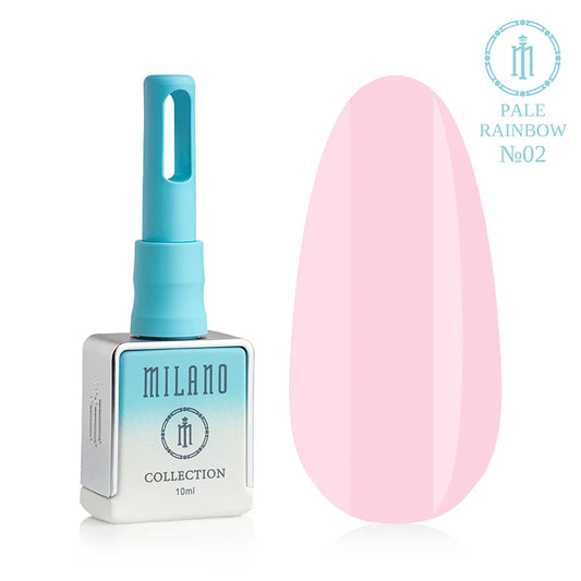 „Gel Polish Milano Pale Rainbow Collection No. 02: бяла бутилка от 10 мл със син градиент и демонстрация на деликатен светлорозов (маршмелоу) нюанс с плътна емайлова текстура и гланцово покритие върху голяма палитра от капки.“