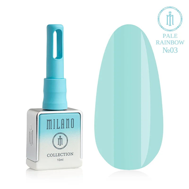 Гел лак Milano Pale Rainbow Collection № 03: бяла бутилка от 10 мл със син градиент и демонстрация на свеж ментово-тюркоазен пастелен нюанс с гладка емайлова текстура и лъскав блясък върху голяма палитра от капки.