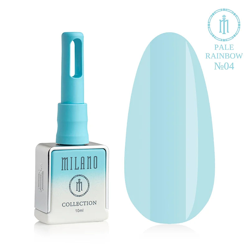 „Gel Polish Milano Pale Rainbow Collection No. 04: бяла бутилка от 10 мл със син градиент и демонстрация на деликатен небесносин пастелен нюанс с плътна емайлова текстура и лъскав блясък върху голяма палитра от капки.“